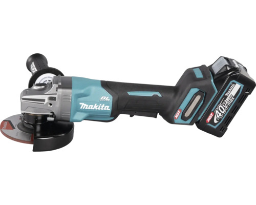 Makita Akku-Winkelschleifer 40 Volt Max XGT mit bürstenlosem Motor, Seitengriff und Schutzhaube.