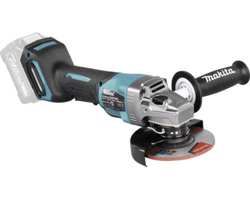 Makita Akku-Winkelschleifer GA016G mit 40 Volt Akkusystem, 125 Millimeter Scheibendurchmesser und Seitengriff.