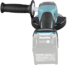 Makita Akku-Winkelschleifer mit montiertem Zusatzhandgriff und Schutzhaube in der Draufsicht. Makita Logo auf dem Akku.