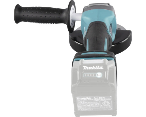 Makita Akku-Winkelschleifer mit montiertem Zusatzhandgriff und Schutzhaube in der Draufsicht. Makita Logo auf dem Akku.