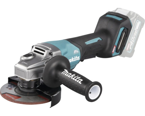 Makita Akkumulator-Winkelschleifer 40 Volt mit bürstenlosem Motor, Schutzhaube und Seitengriff.