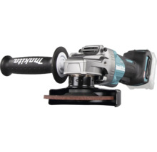 Makita Akku-Winkelschleifer mit bürstenlosem Motor, Seitengriff und montierter Schleifscheibe.