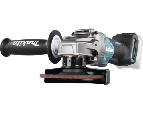 Makita Akku-Winkelschleifer mit bürstenlosem Motor, Seitengriff und montierter Schleifscheibe.