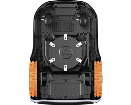 Unterseite eines Rasenmähroboters mit Schneidwerk und Rädern