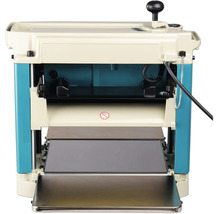 Blau-beige elektrische Dickenhobelmaschine mit Handkurbel zur Höhenverstellung und Metalltisch für die Holzbearbeitung.