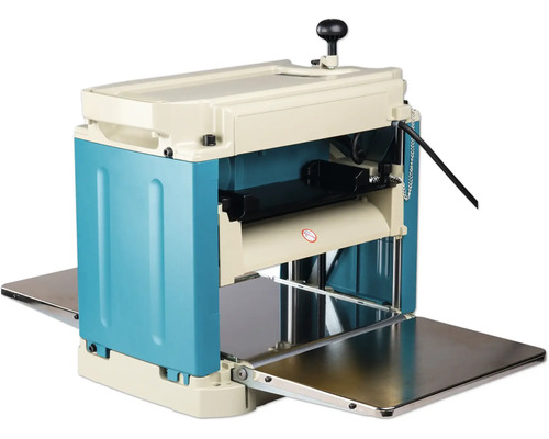 Dickenhobelmaschine aus Metall und Kunststoff in Blau und Beige mit ausziehbaren Metalltischen.