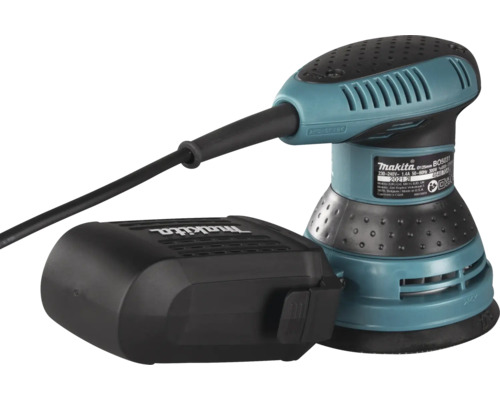 Makita Exzenterschleifer BO5031 in Türkis mit Staubbox und Netzkabel.