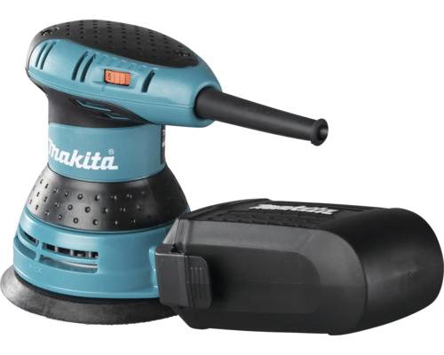 Makita Exzenterschleifer in Blau und Schwarz mit Staubbox.