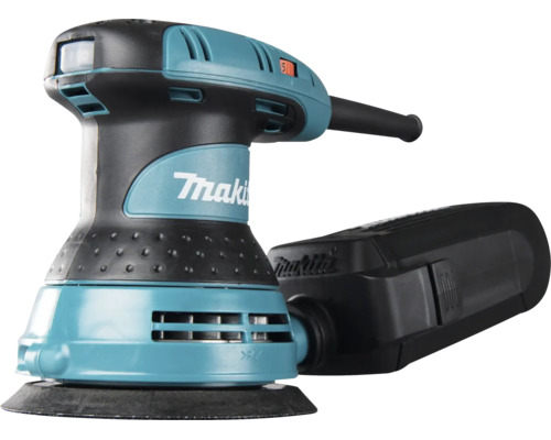 Makita Exzenterschleifer mit Staubfangbox und ergonomischem Griff fuer praezises Schleifen.