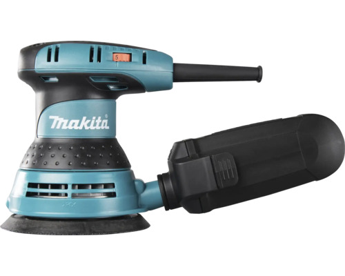 Makita Exzenterschleifer mit Staubfangbox und runder Schleifplatte.