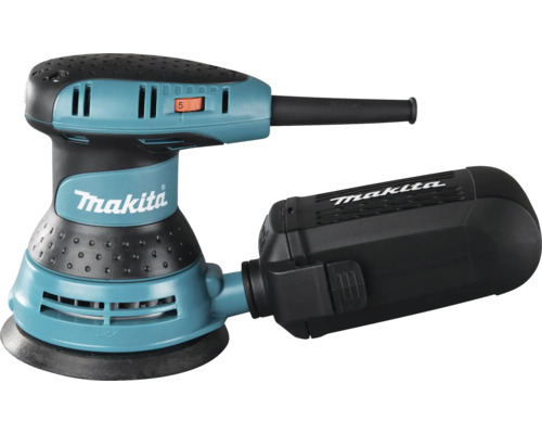 Makita Exzenterschleifer mit Staubauffangbehälter, Drehzahlregelung und Makita Logo.