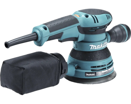 Makita Exzenterschleifer BO5041 mit Staubfangsack und zusätzlichem Handgriff.