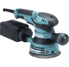 Makita Exzenterschleifer mit Staubfangsack, ergonomischem Handgriff und rundem Schleifteller sowie Makita Logo.
