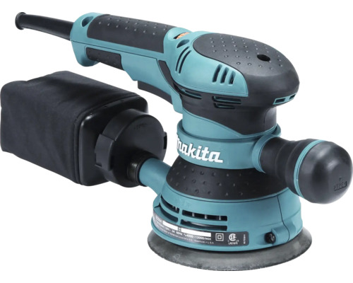 Makita Exzenterschleifer mit Staubfangsack, ergonomischem Handgriff und rundem Schleifteller sowie Makita Logo.