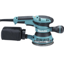 Makita Exzenterschleifer BO5041 mit verstellbarem Zusatzgriff und Staubfangsack.