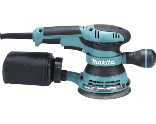 Makita Exzenterschleifer BO5041 mit verstellbarem Zusatzgriff und Staubfangsack.