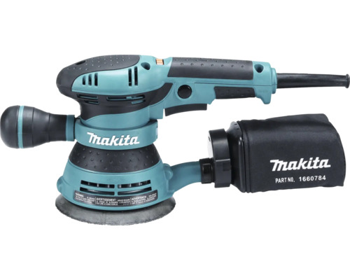 Makita Exzenterschleifer mit Staubfangsack und ergonomischen Handgriffen für präzises Schleifen.