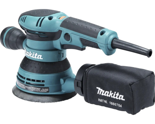 Makita Exzenterschleifer in Türkis und Schwarz mit Staubsack und ergonomischem Griff.