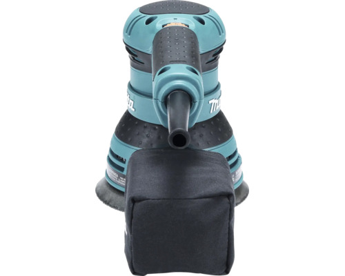 Makita Exzenterschleifer mit Staubsack und ergonomischem Griff in der Rückansicht.