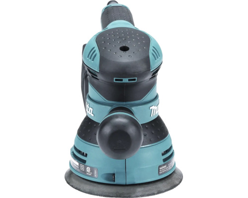 Makita Exzenterschleifer mit ergonomischem Griff und Anschluss für die Staubabsaugung.