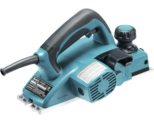 Makita Elektrohobel KP0800 mit Tiefeneinstellknopf und ergonomischem Griff für die Holzbearbeitung.