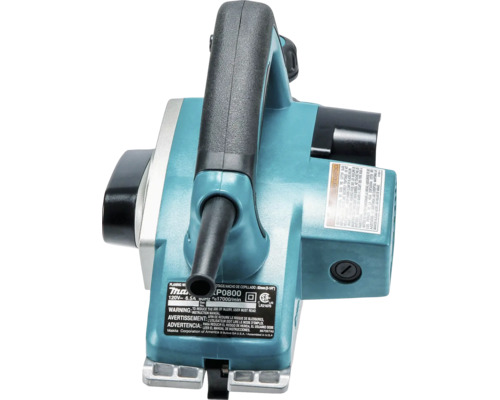 Elektrischer Handhobel von Makita mit ergonomischem Griff und Aluminium-Bodenplatte.
