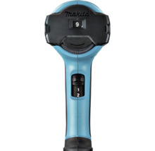 Makita Logo über einer Digitalanzeige und einem Einstellrad an einem Elektrowerkzeuggriff mit einem zweistufigen Schiebeschalter.