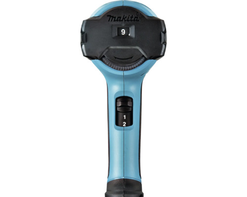 Makita Logo über einer Digitalanzeige und einem Einstellrad an einem Elektrowerkzeuggriff mit einem zweistufigen Schiebeschalter.