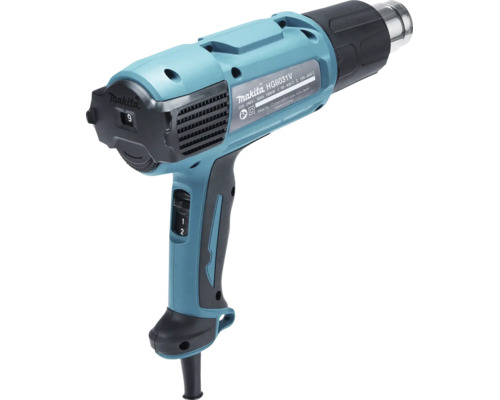 Blaue Makita Heißluftpistole HG6031V mit 1800 Watt, zwei Gebläsestufen und Temperaturregelung von 50 bis 600 Grad Celsius.