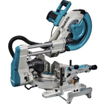 Makita Kapp- und Gehrungssäge mit Schiebefunktion, Sägeblatt mit Schutzhaube, Doppel-Führungsmechanismus und stabilem Metallfuß.