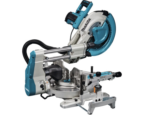 Makita Kapp- und Gehrungssäge mit Schiebefunktion, Sägeblatt mit Schutzhaube, Doppel-Führungsmechanismus und stabilem Metallfuß.