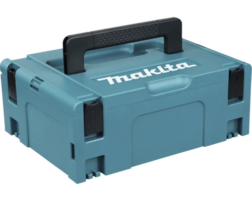 Makita Makpac Systemkoffer aus Kunststoff mit Tragegriff und Verschlussclips.