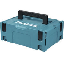 Makita MAKPAC Systemkoffer aus Kunststoff mit schwarzem Tragegriff und Schnappverschlüssen.
