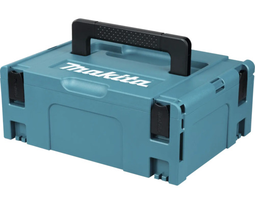 Makita MAKPAC Systemkoffer aus Kunststoff mit schwarzem Tragegriff und Schnappverschlüssen.