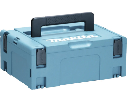 Blauer Makita Makpac Werkzeugkoffer aus Kunststoff mit Tragegriff und Verschlussclips.