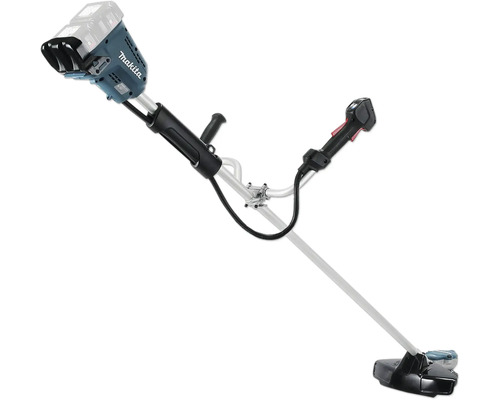 Makita Akku-Freischneider mit Zweihandgriff, langem Metallschaft und Schneidkopf.