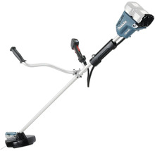 Makita Akku-Freischneider mit Zweihandgriff und zwei 18 Volt Akkus für die Rasenpflege.