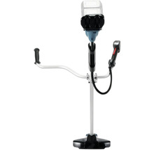 Akku-Motorsense mit Zweihandgriff, silbernem Schaft und schwarzer Schutzhaube.