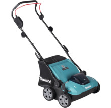 Makita Akku-Vertikutierer in Türkis und Schwarz mit Grasfangsack, verstellbarem Holm und rotem Sicherheitsbügel.