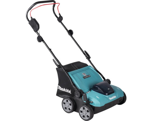 Makita Akku-Vertikutierer in Türkis und Schwarz mit Grasfangsack, verstellbarem Holm und rotem Sicherheitsbügel.