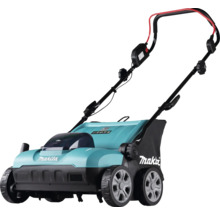 Makita Akku-Vertikutierer mit Grasfangsack und verstellbarem Führungsholm.