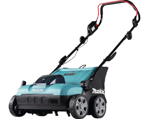Makita Akku-Vertikutierer mit Grasfangsack und verstellbarem Führungsholm.