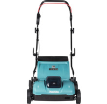 Makita Akku-Vertikutierer mit klappbarem Holm und schwarzem Fangkorb.