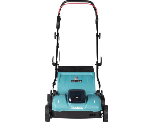 Makita Akku-Vertikutierer mit klappbarem Holm und schwarzem Fangkorb.