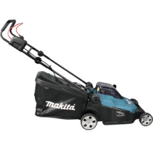 Makita Akku-Rasenmäher in Blau und Schwarz mit schwarzem Grasfangsack und Makita Logo.