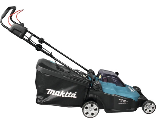 Makita Akku-Rasenmäher in Blau und Schwarz mit schwarzem Grasfangsack und Makita Logo.