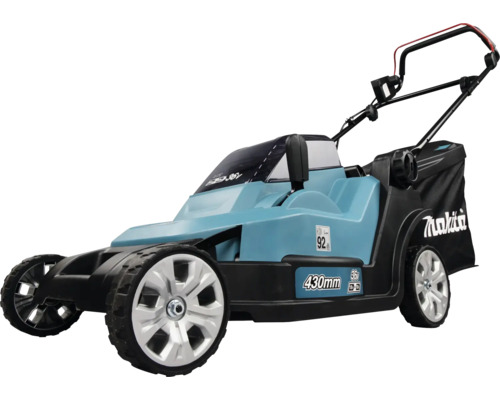 Akku-Rasenmäher Makita mit 430 Millimeter Schnittbreite und Grasfangsack, 36 Volt.