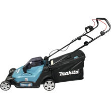 Makita Akku-Rasenmäher mit 430 Millimeter Schnittbreite und 36 Volt Leistung inklusive Grasfangsack.