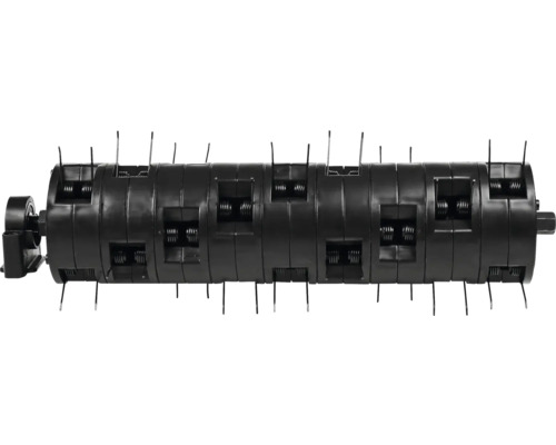 Schwarze Lüfterwalze für Vertikutierer aus Kunststoff mit Federzinken aus Metall.