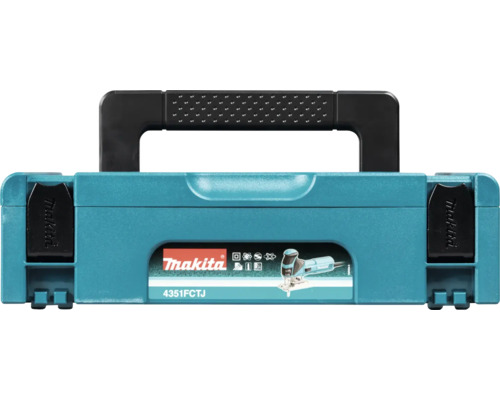 Türkisfarbener Makita Makpac Werkzeugkoffer für Stichsäge 4351FCTJ aus Kunststoff mit Tragegriff und Makita Logo.